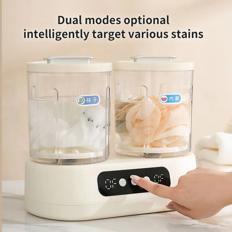 Milk-white double-bucket mini washing machine with two transparent laundry buckets and front button controls